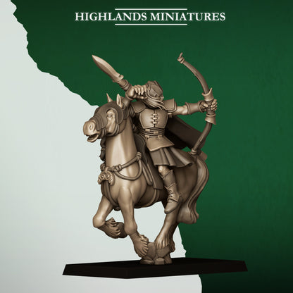 Mounted Feral Archers Model 1, wood elf horse archer on a horse, Highlands Miniatures render