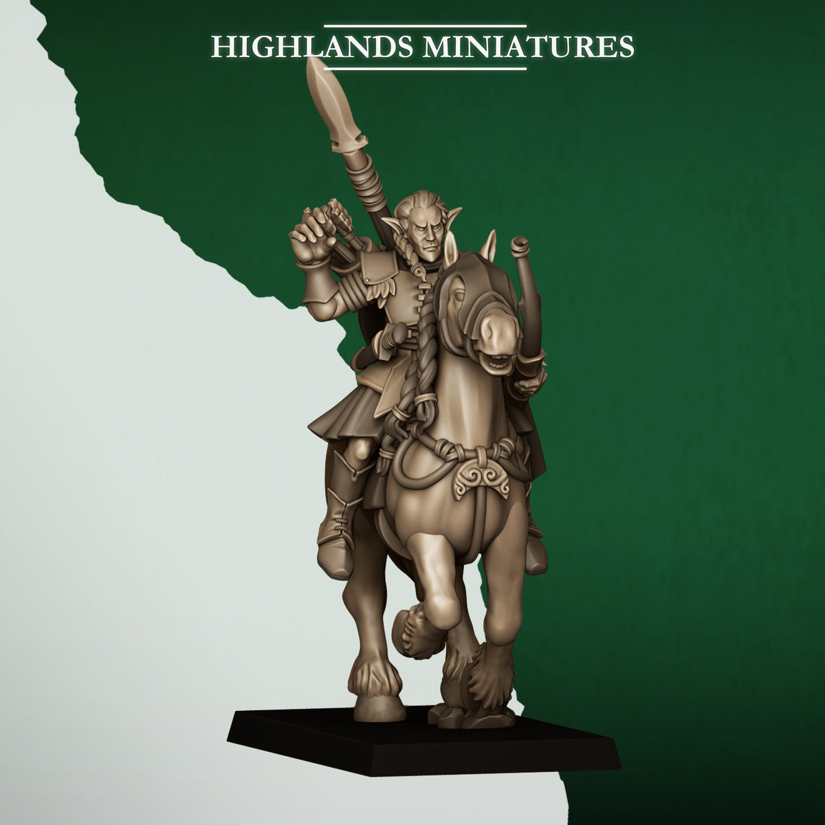 Mounted Feral Archers Model 2, wood elf horse archer on a horse, Highlands Miniatures render