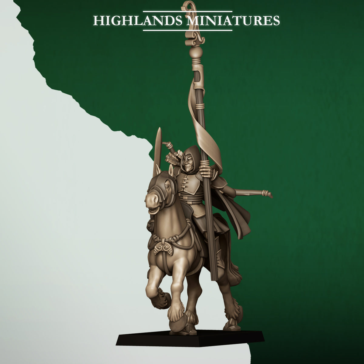 Mounted Feral Archers Bannerman, wood elf rider with the unit banner, Highlands Miniatures render