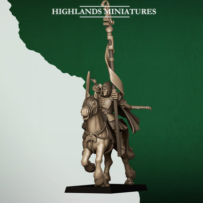 Mounted Feral Archers Bannerman, wood elf rider with the unit banner, Highlands Miniatures render