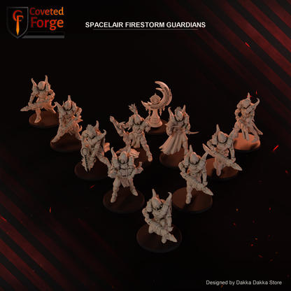 Spacelair Firestorm Guardians, all ten models and the totem on bases in a wedge, every launcher aimed outward, Coveted Forge render of the STL files on the designer's own background