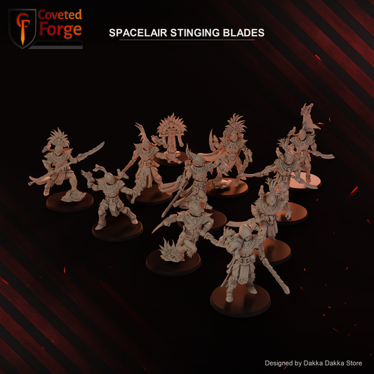 Spacelair Stinging Blades, all ten models and the totem on bases in a charging wedge, Coveted Forge render of the STL files on the designer's own background