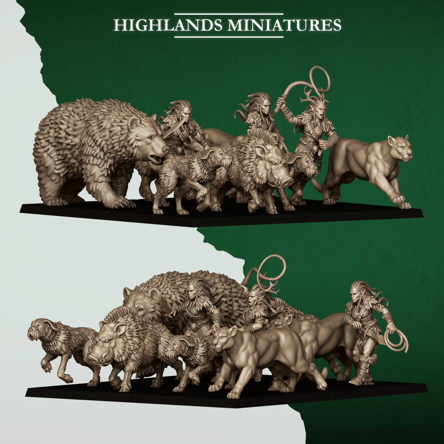 Feral Animals and Beastamers pack, beasts and elf handlers, 32mm resin by Highlands Miniatures