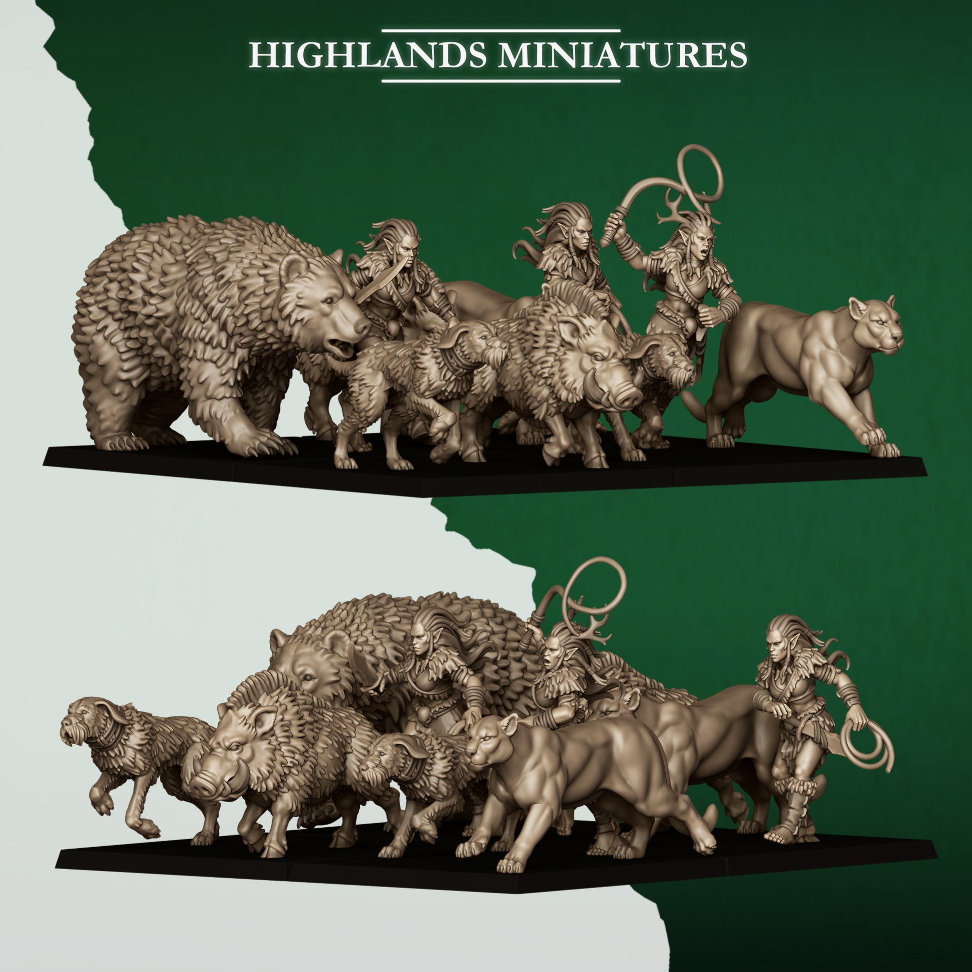 Feral Animals and Beastamers pack, beasts and elf handlers, 32mm resin by Highlands Miniatures