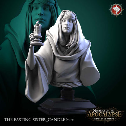 The Fasting Sister with Candle bust - a hooded female figure raising a candle in a scrolled holder, on a black display plinth. Resin display bust by White Werewolf Tavern.