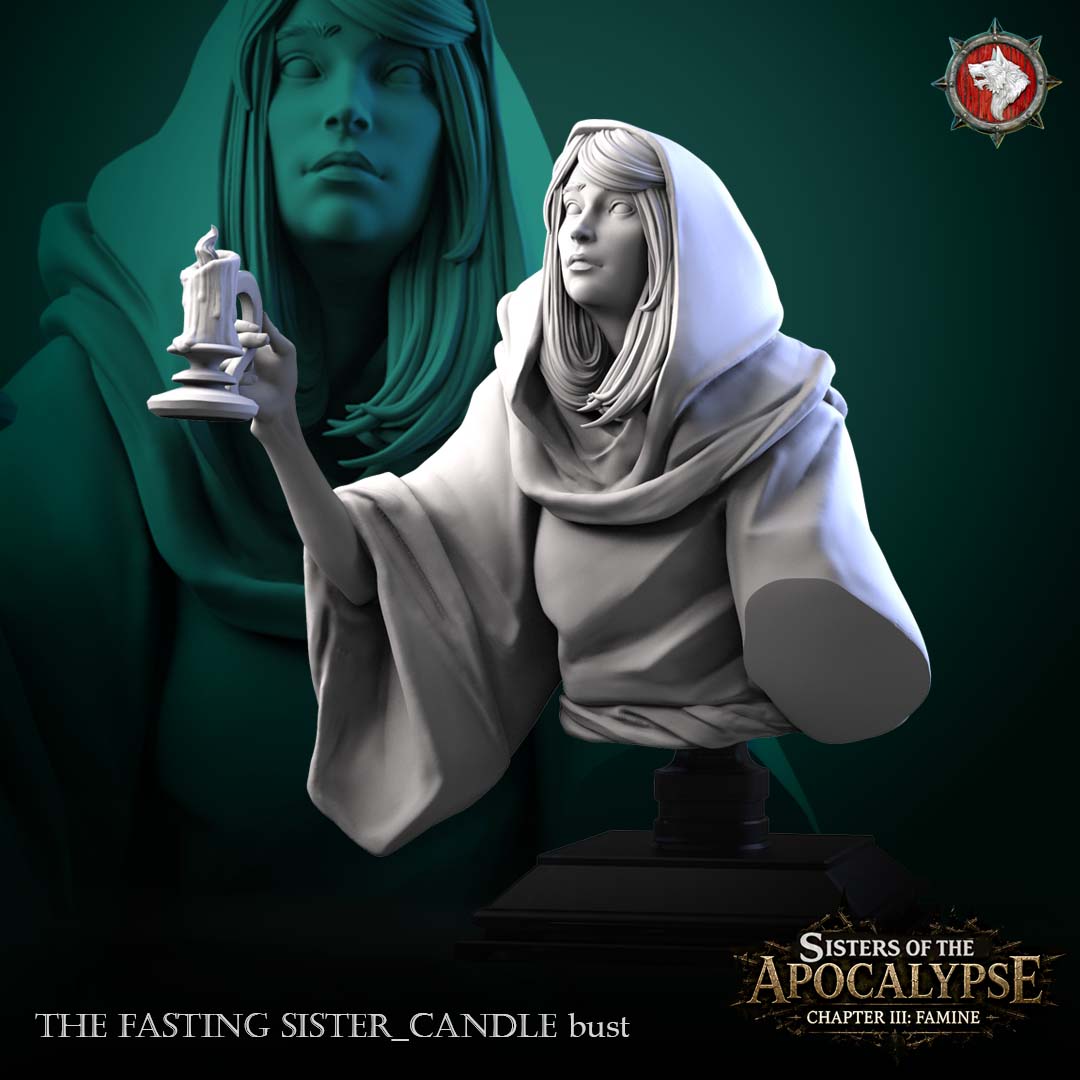 Three-quarter view of the Fasting Sister with Candle bust showing the hood, draped robe and raised candle.