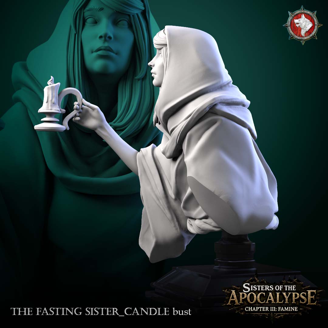 Side profile of the Fasting Sister with Candle bust and the outstretched arm holding the candle.