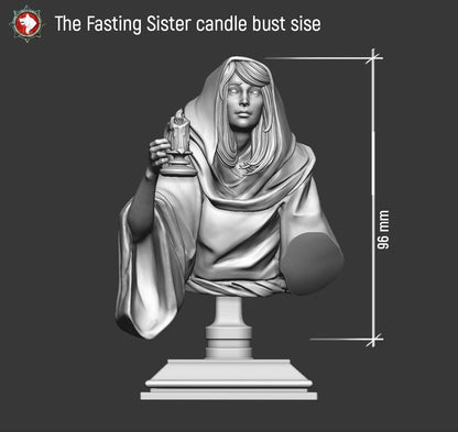 The Fasting Sister with Candle bust size chart - 96mm tall including the display plinth.