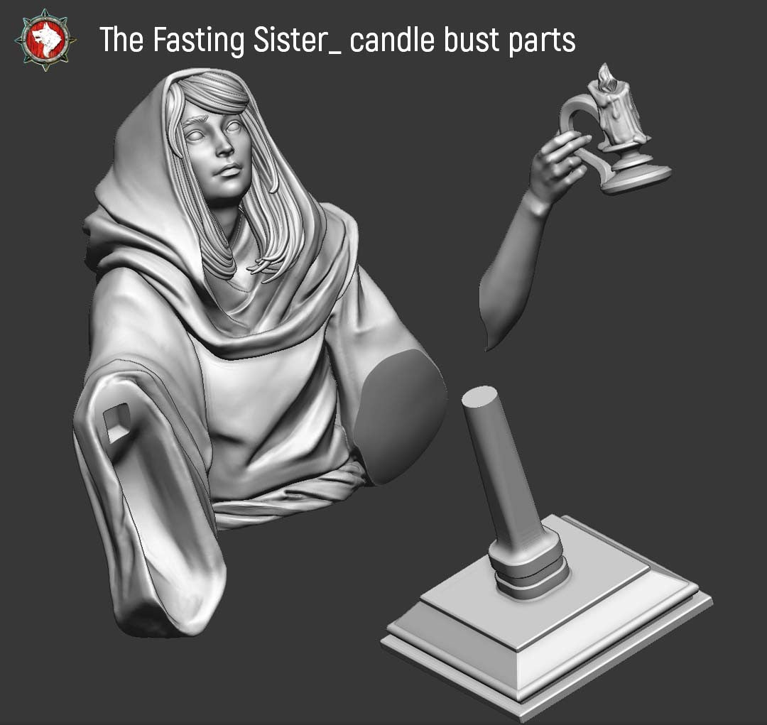 The Fasting Sister with Candle bust printed parts - body, candle arm and display plinth.