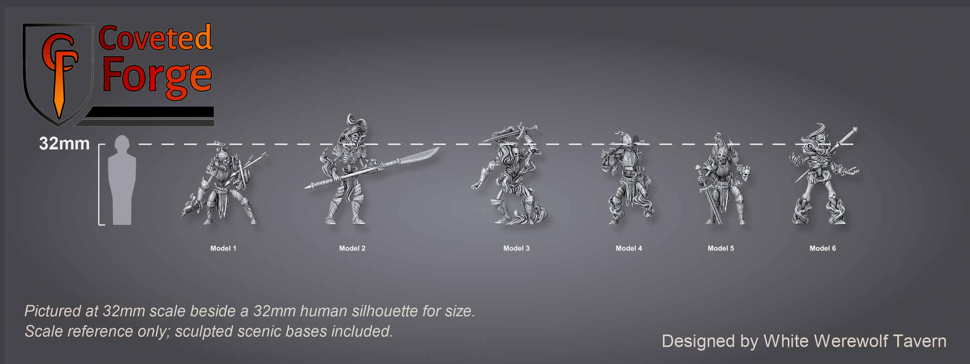 Fire Skeletons scale lineup, six models beside a 32mm human silhouette
