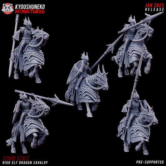 High Elf Dragon Cavalry, designer render by Kyoushuneko Miniatures: all five sculpts, armoured elf knights on barded warhorses, lances raised, couched and levelled, with shields; unpainted 3D printed resin cavalry miniatures in 28mm, 30mm or 32mm scale for High Elf armies in tabletop fantasy wargaming
