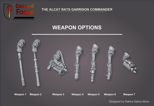 Alcat Rats Garrison Commander seven swappable weapon arm options, each labeled for selection