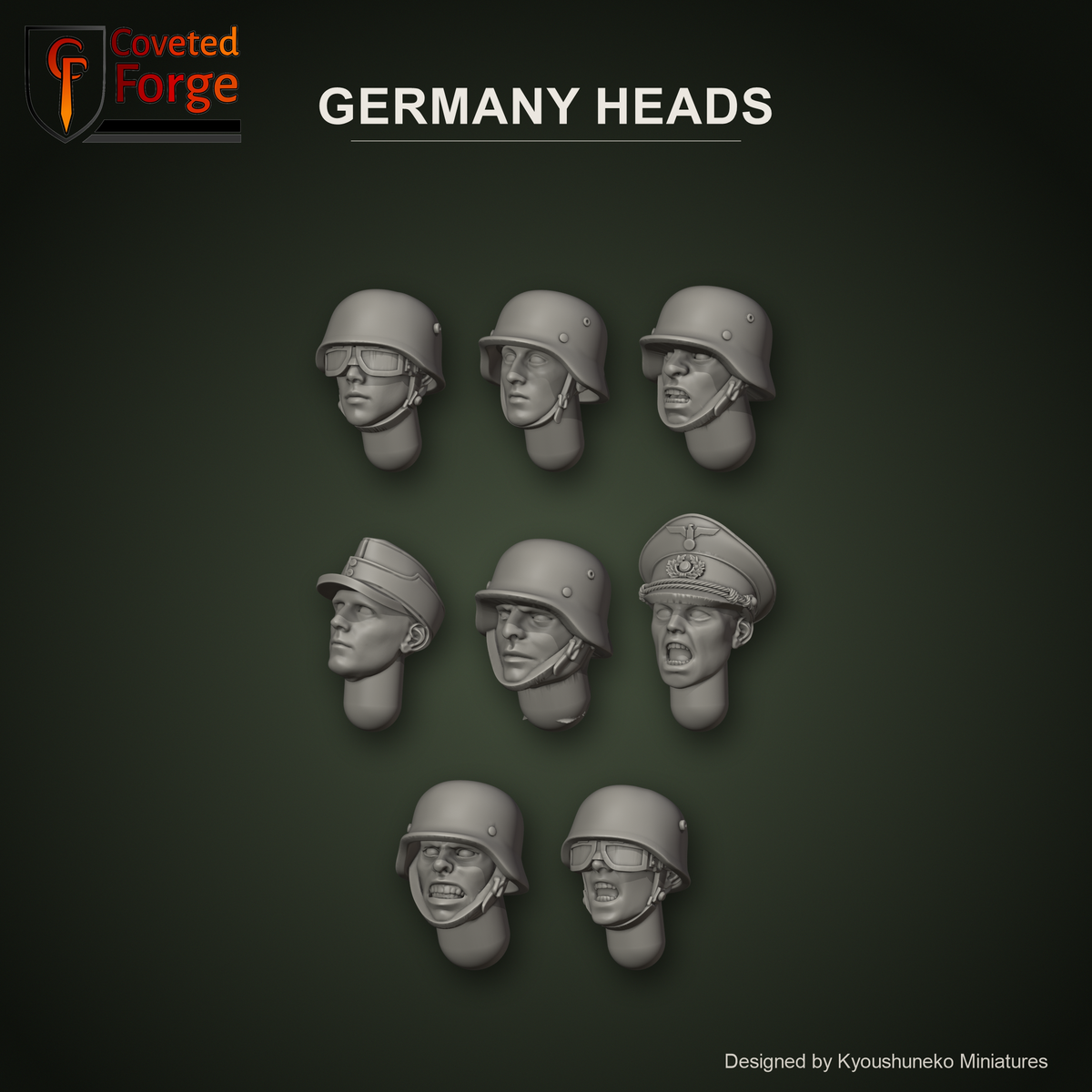 Germany Heads by Kyoushuneko Miniatures: 8 heads across all 3 styles (Falcon Infantry, Remastered Riflemen and Infantry and Crews) in warm clay on a dark field-grey green backdrop, unpainted 3D-printed resin heads with neck pegs for 28mm, 32mm and 35mm conversions.