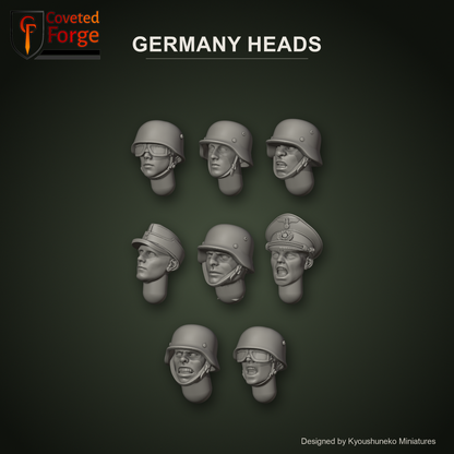 Germany Heads by Kyoushuneko Miniatures: 8 heads across all 3 styles (Falcon Infantry, Remastered Riflemen and Infantry and Crews) in warm clay on a dark field-grey green backdrop, unpainted 3D-printed resin heads with neck pegs for 28mm, 32mm and 35mm conversions.