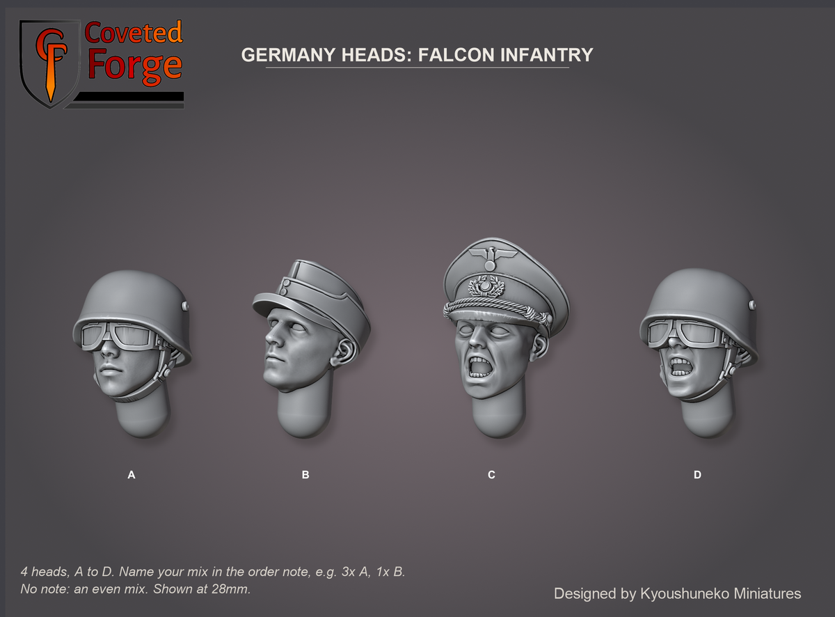 Coveted Forge bits sheet: Heads, Germany Heads Falcon Infantry style guide, 4 different heads lettered A to D to name in the order note, shown at 28mm, resin heads with neck pegs by Kyoushuneko Miniatures.