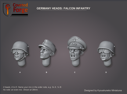 Coveted Forge bits sheet: Heads, Germany Heads Falcon Infantry style guide, 4 different heads lettered A to D to name in the order note, shown at 28mm, resin heads with neck pegs by Kyoushuneko Miniatures.