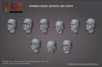 Coveted Forge bits sheet: Heads, Germany Heads Infantry and Crews style guide, 9 different heads lettered A to I to name in the order note, shown at 28mm, resin heads with neck pegs by Kyoushuneko Miniatures.