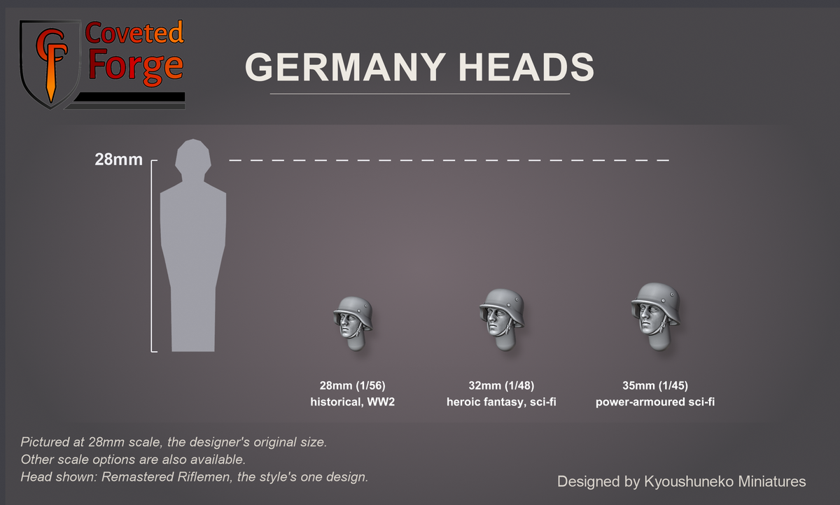 Coveted Forge scale reference: one Germany Remastered Riflemen head, that style's one head design, at 28mm, 32mm and 35mm scale beside a 28mm human silhouette, front three-quarter view, each scale labelled with the ranges it suits; 28mm is the designer's original size, an upscaled 32mm option and an upscaled 35mm option are also available; every head style is the same scale.