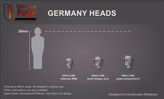 Coveted Forge scale reference: one Germany Remastered Riflemen head, that style's one head design, at 28mm, 32mm and 35mm scale beside a 28mm human silhouette, front three-quarter view, each scale labelled with the ranges it suits; 28mm is the designer's original size, an upscaled 32mm option and an upscaled 35mm option are also available; every head style is the same scale.