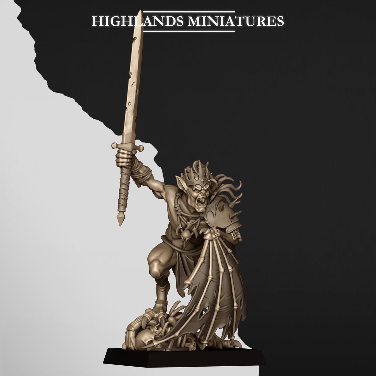 Ghoul King, crowned ghoul lord with a notched greatsword over a skull pile, front three-quarter view, resin miniature by Highlands Miniatures