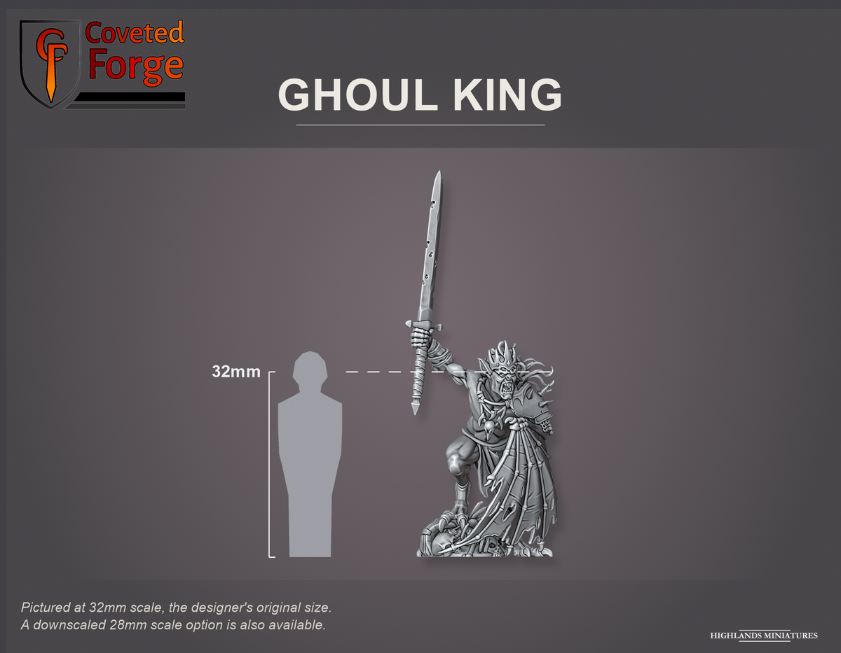 Coveted Forge scale reference: Ghoul King, front three-quarter view, beside a 32mm human silhouette; pictured at 32mm, the original scale, a downscaled 28mm option is also available