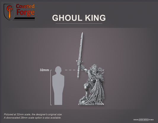 Coveted Forge scale reference: Ghoul King, front three-quarter view, beside a 32mm human silhouette; pictured at 32mm, the original scale, a downscaled 28mm option is also available