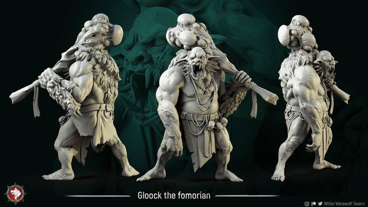 Gloock Fomorian, a giant-kin monster with a wooden club, 32mm resin miniature by White Werewolf Tavern