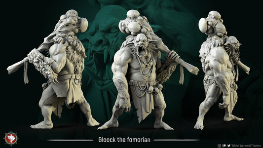 Gloock Fomorian, a giant-kin monster with a wooden club, 32mm resin miniature by White Werewolf Tavern