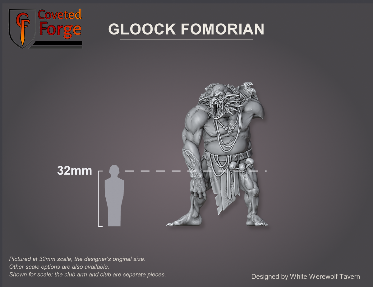 Gloock Fomorian shown for scale beside a 32mm human silhouette reference, club arm and club omitted