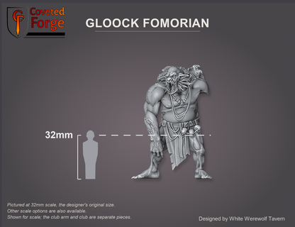 Gloock Fomorian shown for scale beside a 32mm human silhouette reference, club arm and club omitted