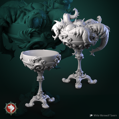 Goblet mimic pair, an ornate harmless chalice beside its fanged mimic twin