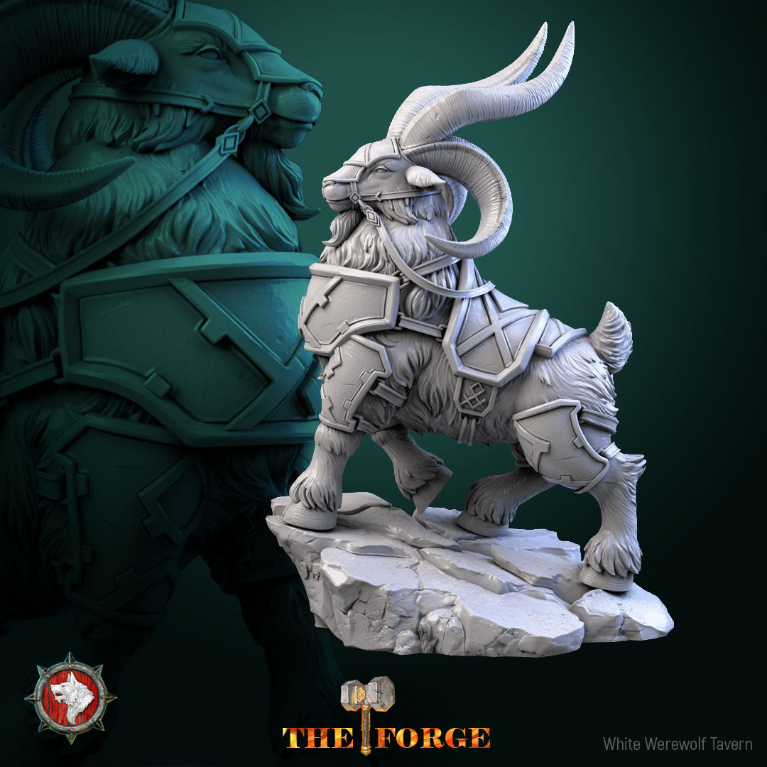 Dwarven Armored Goat resin miniature, long-horned war goat in plated barding on a rocky base
