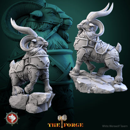 Two views of the Dwarven Armored Goat with bridle and geometric dwarven armor plates