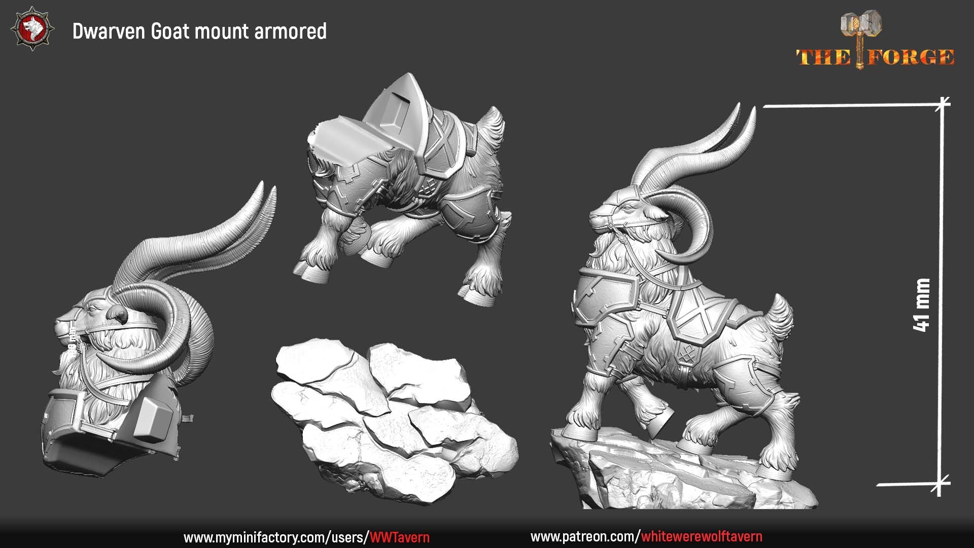 Dwarven Armored Goat parts layout with body, head and rocky base, 41mm assembled height