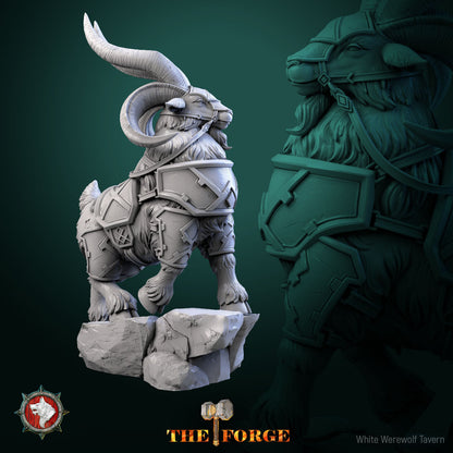 Rear three-quarter view of the Dwarven Armored Goat showing barding straps and hooves