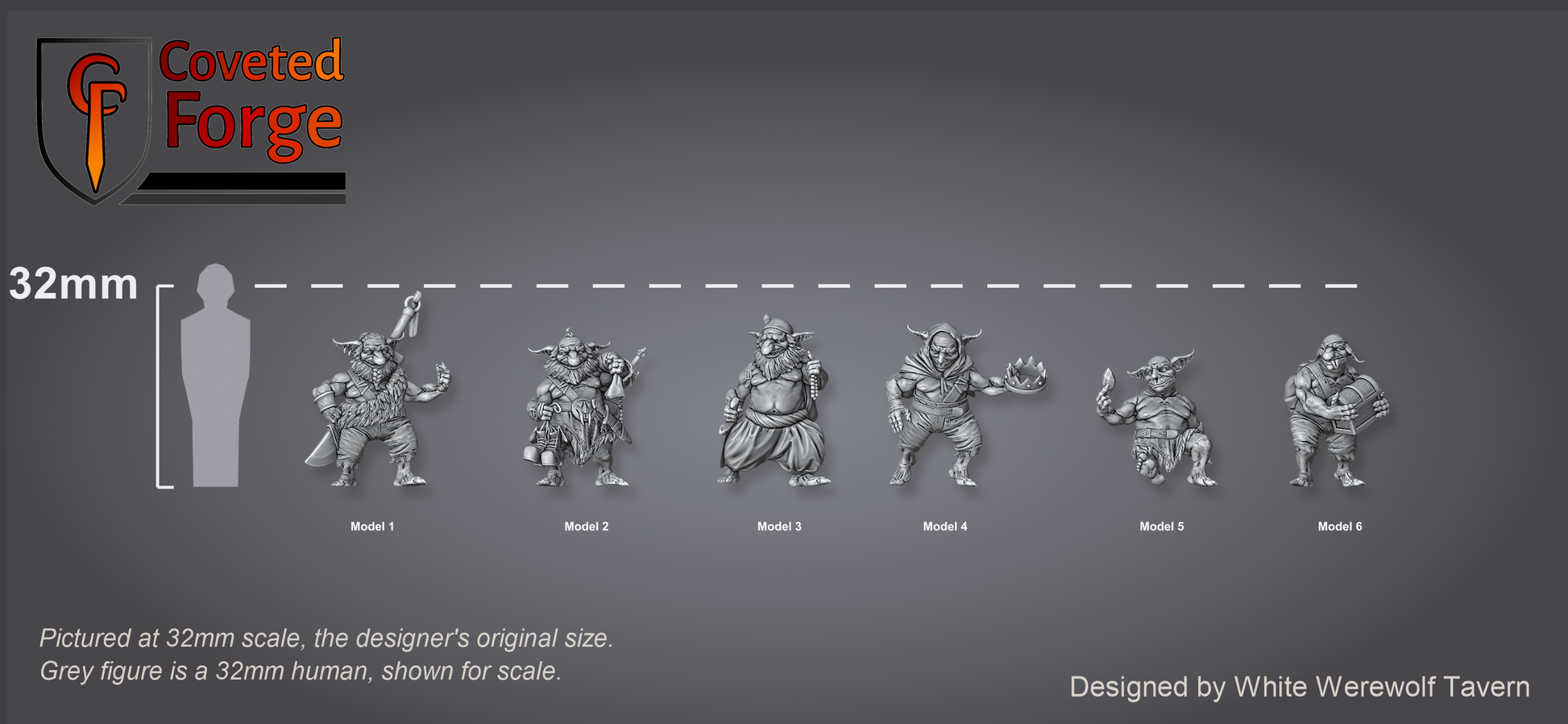 Scale reference: Loot Goblins at 32mm scale beside a 32mm human silhouette