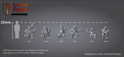 Scale reference: Loot Goblins at 32mm scale beside a 32mm human silhouette