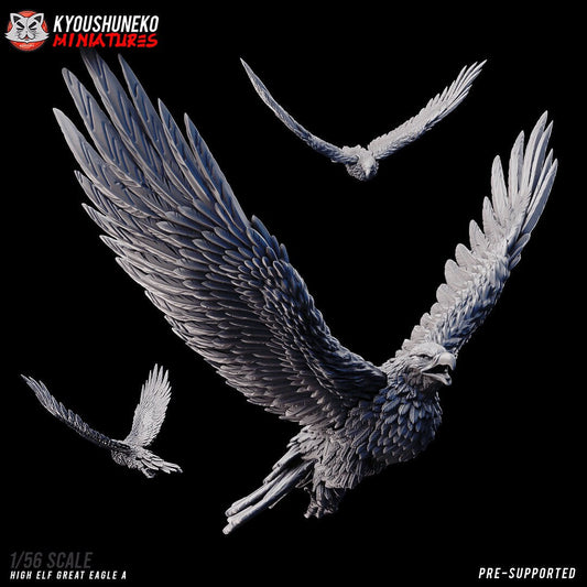 Model A: High Elf Great Eagle A, designer render by Kyoushuneko Miniatures, three views of the giant eagle in flight; unpainted 3D printed resin miniature in 28mm, 30mm or 32mm scale, also 3mm to 25mm.