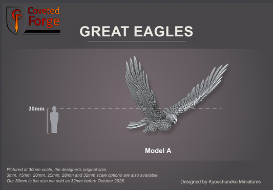 Coveted Forge scale render at 30mm, the designer's original size, with 28mm, 25mm, 20mm, 15mm and 3mm downscales and a 32mm upscale also available (our 30mm is the size we sold as 32mm before October 2026): Model A shown, labelled, wings assembled, front three-quarter view, in flight beside a 30mm human silhouette; every model in the set is the same scale. The flight stand is included, printed separately and not shown.