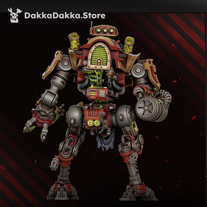 Great Vortex Knightmech, red and gold armoured sci-fi war walker, front view, 32mm resin miniature by Dakka Dakka Store