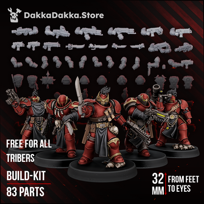 Great Vortex Knights, five assembled red-armoured power armour knights with the build-kit parts, Dakka Dakka Store render