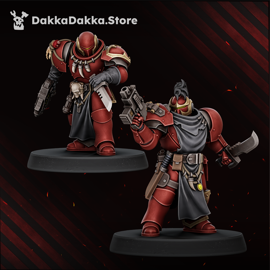 Two assembled Great Vortex Knights with pistol, blade and rifle, Dakka Dakka Store render