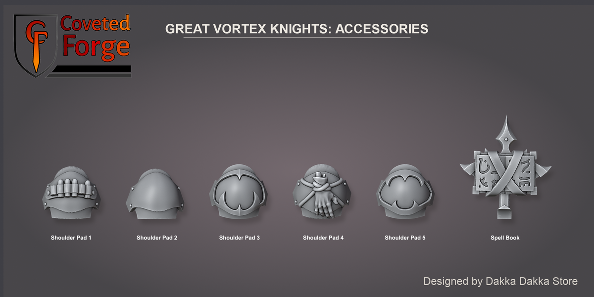 Coveted Forge bits sheet: Accessories, Great Vortex Knights build kit, shoulder pads numbered so a buyer can name one in the order note, and the spell book