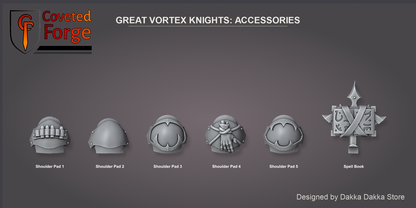 Coveted Forge bits sheet: Accessories, Great Vortex Knights build kit, shoulder pads numbered so a buyer can name one in the order note, and the spell book