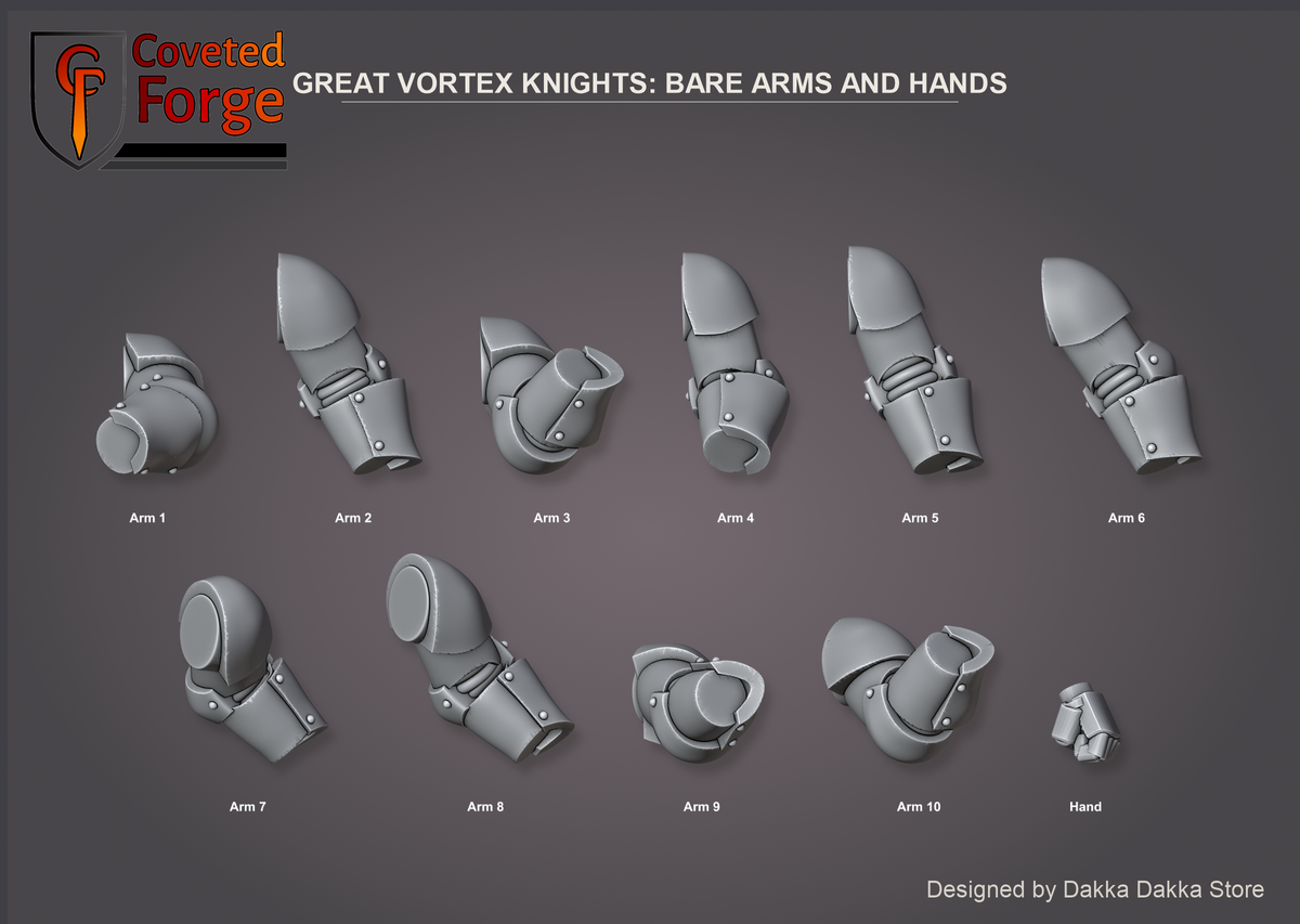 Coveted Forge bits sheet: Bare Arms and Hands, Great Vortex Knights build kit, every part labelled with the name used in the dropdown