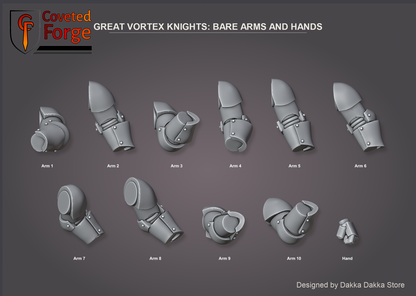 Coveted Forge bits sheet: Bare Arms and Hands, Great Vortex Knights build kit, every part labelled with the name used in the dropdown