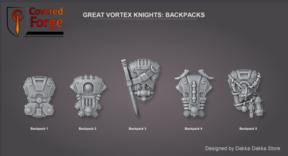 Coveted Forge bits sheet: Backpacks, Great Vortex Knights build kit, every backpack sculpt numbered so a buyer can name one in the order note