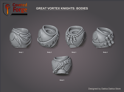 Coveted Forge bits sheet: Bodies, Great Vortex Knights build kit, every body sculpt numbered so a buyer can name one in the order note