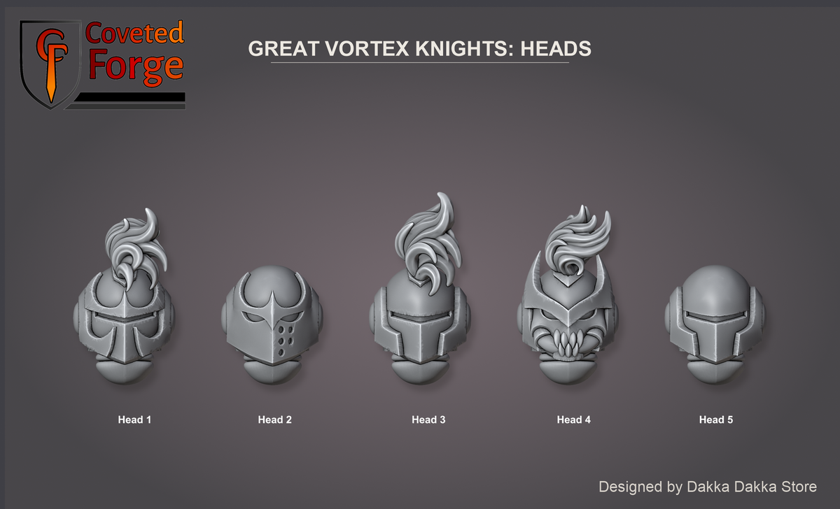 Coveted Forge bits sheet: Heads, Great Vortex Knights build kit, every head sculpt numbered so a buyer can name one in the order note