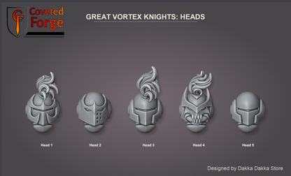 Coveted Forge bits sheet: Heads, Great Vortex Knights build kit, every head sculpt numbered so a buyer can name one in the order note